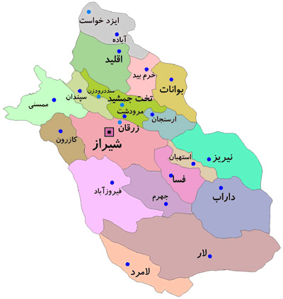 نقشه شهر های استان فارس و شیراز