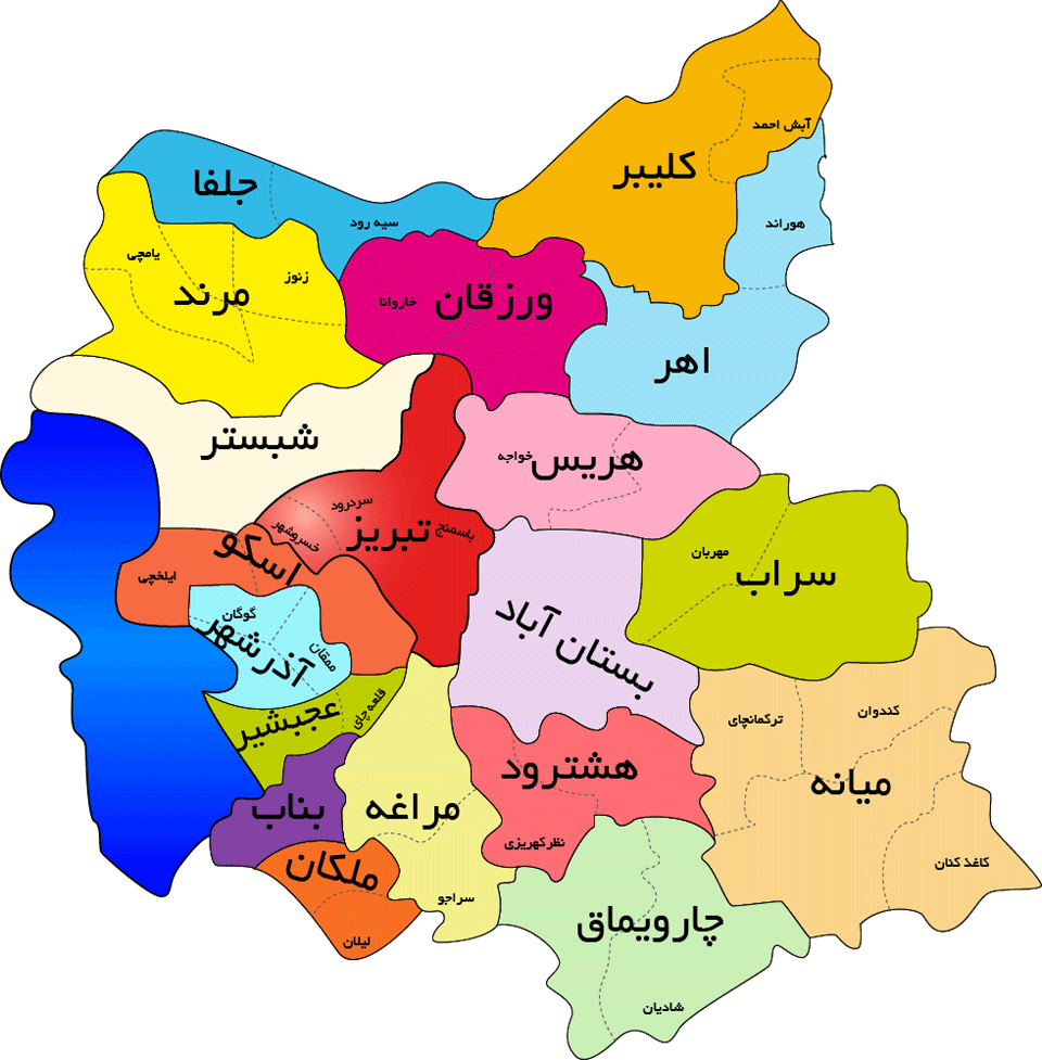 نقشه شهرستان های آذربایجان شرقی و تبریز